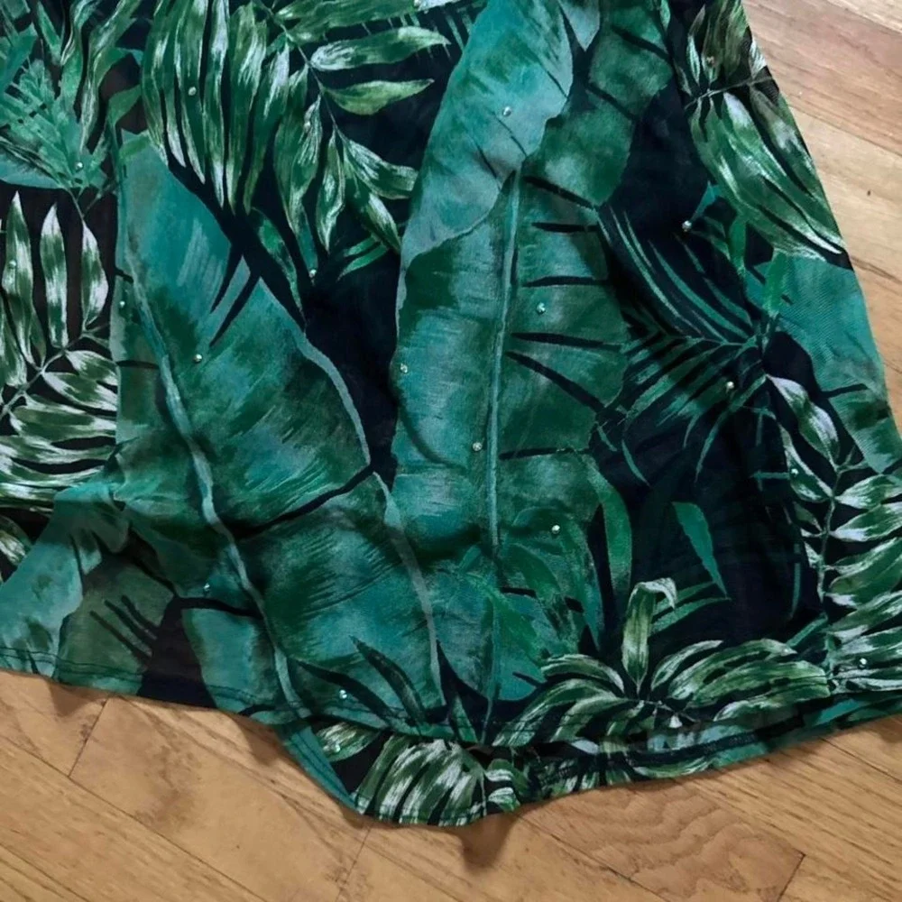 Tropical Print Mesh Maxi Dress Women's Size Small Green Black Bedazzled Bodysuit - Picture 7 of 8